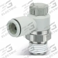 SMC Speed Control Valve: Elbow Fitting, Screw, 1/4 in/1/8 in Valve Body Size, Meter Out, Brass/PBT (MPN AS2201F-01-06S). Key specifications — attr947203: Brass/PBT; attr947205: SMC.