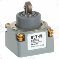 EATON Limit Switch Head: Roller Plunger, Top, E50 Series (MPN E50DT3). Key specifications — Compatible with Series: E50; Actuator Location: Top; Brand: EATON; Roller Position: Side; Action: Momentary; Arm/Operator Material: Non-Metallic.