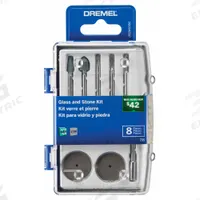 DREMEL Glass and Stone Rotary Accessory Kit: Glass and Stone Rotary Accessory Kit, 8 Pieces (MPN 735-01). Key specifications — attr1097321: 83142-9/32 in Silicon Carbide Grinding Stone; attr1097325: Case Included; attr1097330: DREMEL.