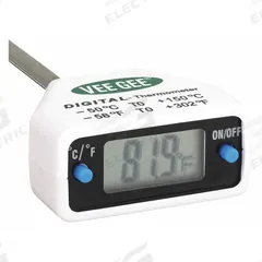 VEE GEE Digital Thermometer: 14°F to 212°F /-10°C to 100°C, ±0.5°C/±1°F, 0.1°F /0.1°C (MPN 83210-12). Key specifications — Brand: VEE GEE; Accuracy: ±1 °F.
