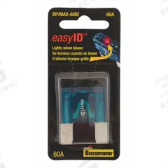 BUSSMANN Automotive Fuse: MAX Series, Fast-Acting, 60 A, 32 V DC, Indicating (MPN BP/MAX-60ID). Key specifications — Series: MAX; Brand: BUSSMANN; Fuse Profile: Standard Profile.