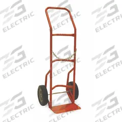 DAYTON Cylinder Hand Truck: 500 lb, Single, 1 Cylinder, 14 in W x 9 in D Nose Plate (MPN 2MPV1). Key specifications — Brand: DAYTON; Color: Red; Securing Mechanism: Chain.