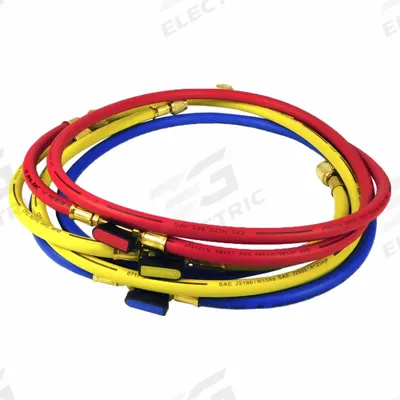 PRO-SET Hose: 5 ft Lg, 0° Angle, Blue/Red/Yellow, Nylon, 3 Hoses - Charging Hose Sets
