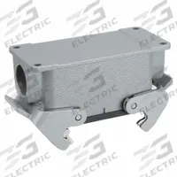 HARTING M25 Rectangular Connector Housing: Size 16 B, Surface Mount, Gray, Aluminum Die-Cast, IP65 (MPN 19300161231). Key specifications — IP Rating: IP65; Size Designation: 16 B; Cable Entry Thread Size: M25; Seal Material: NBR; Locking Type: Dual Lever; Brand: HARTING; Primary Material: Aluminum; Operating Temperature Range: -40 to 125 Degrees C.