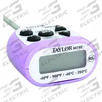 TAYLOR Waterproof Thermometer: Allergy, LCD, 5 in Overall Lg, 1/8 in Dia, Metal Detectable (MPN 9878EPR). Key specifications — Accuracy: ±1°F; Brand: TAYLOR; Case Material: Plastic; Display Type: LCD; Features: 1.5mm Step-Down Tip; NSF Certified: Yes; Thermometer Type: Stem Thermometer; Metal Detectable: Yes.