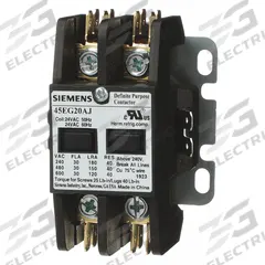SIEMENS Definite Purpose Magnetic Contactor: 2 Poles, 480V AC, 30 A, Non-Reversing (MPN 45EG20AH). Key specifications — Brand: SIEMENS; Coil Voltage: 380-440/440-480V AC; Contactor Style: HVACR Definite Purpose Contactor; Mounting Style: Surface; Terminal Connection Type: Screw Terminals; Maximum Voltage Rating: 600V AC; Series: 42 Series; Phase: Three.