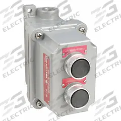 Control Station: 2 Gang, (2) Push Buttons, 2NO/2NC, No Legend, 0 Pilot Lights, 3/4 in, Feed-Thru Hub (MPN FXCS-5B7). Key specifications — Legend: No Legend; Action: Momentary/Momentary; Contact Form: 2NO/2NC; Brand: HUBBELL KILLARK; Operator Configuration Type: (2) Push Buttons.