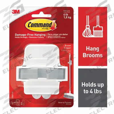 COMMAND Broom Gripper: 4 lb Wt Capacity, 1 Points per Hook, White, 3 in Overall Ht - Broom, Mop, & Long Handle Holders