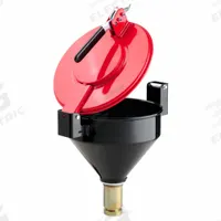 PIG Drum Funnel: Latching/Lockable, Black / Red, No Flame Arrester, 11 1/4 in x 15 in, 2 in NPT (MPN DRM1128-RD-NPT). Key specifications — Brand: PIG; Funnel Material: Steel; For Use With: 20 to 55 gal Plastic or Steel Drums; Color: Red; Lid Type: Lockable; Flame Arrester Ht: No Flame Arrester; Lid Type (sublevel): Lidded.
