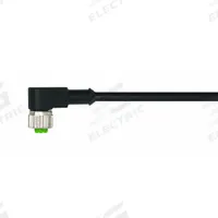 Cordset: M12 Female Right Angle X Bare Wire, 5 Pins, Black, PUR, 5 m Cable Lg, 4 A Max Current (A) (MPN 7000-12361-6350500). Key specifications — Cable Jacket Color: Black; End 1 Gender: Female; End 1 Mounting Orientation: Right Angle; End 2 Connection Type: Bare Wire; IP Rating: IP67; Brand: MURRELEKTRONIK; Wire Size: 22 AWG; Cable Jacket Material: PUR.