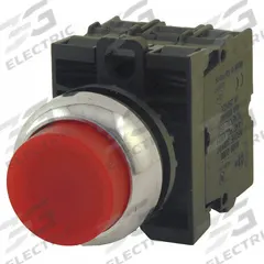 EATON Illuminated Push Button: Illuminated, Extended Profile, Metallic, 22 mm, 1NO/1NC (MPN M22M-DLH-R-K11-230R). Key specifications — Brand: EATON; Action: Momentary; Series: M22; Push Button Material Type: Metallic.