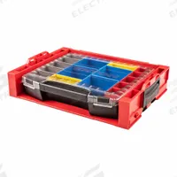 TEKTON Lidded Drawer: 17 1/2 in W 13 1/2 in D 4 in H, Plastic, Blue/Gray/Red/Yellow, Hinged Lid (MPN OLB94022). Key specifications — attr1116905: Blue; attr1116917: Hinged; attr1116946: TEKTON.