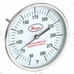 DWYER Glow-in-the-Dark Dial Thermometer: 50°F to 300°F, +/- 1% Accuracy, 5 in Dial Dia, Male (MPN GBTB56061). Key specifications — Accuracy: +/- 1%; Brand: DWYER.