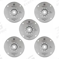 FEIN Oscillating Tool Blade: 4 in Blade Wd, 5 in Overall Lg, Long Cutting, High Speed Steel, 5 PK (MPN 63502175230). Key specifications — attr1097568: Long Cutting; attr1097557: FEIN; attr1097582: Copper.