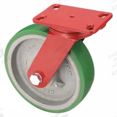 HAMILTON Plate Caster: Swivel, No Brake, Polyurethane, 10 in Wheel Dia, 3 in Wheel Wd, Slot, Roller (MPN S-FM-10DH). Key specifications — Wheel Bearing Type: Roller; Wheel/Tread Color: Green; Brand: HAMILTON; Caster Type: Swivel.