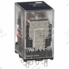 SCHNEIDER General Purpose Relay: Socket Mounted, 3 A Current Rating, 240V AC, 4PDT, G Socket (MPN 792XDX3C-240A). Key specifications — Brand: SCHNEIDER; Base Type: Square; Mounting Style: Plug-In; Electrical Connection: Faston Connector; Manufacturer Part Number: 792XDX3C-240A; Operating Current: 2 A DC-1 (NO Conforming to IEC); Series: 792 Series.