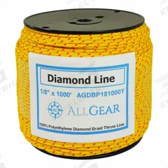 ALL GEAR Rigging and Climbing Rope: Braid, 1/8 in Dia, 250 lb Working Load Limit, Polyethylene (MPN AGSL181000YO). Key specifications — Brand: ALL GEAR; Rope Type: Dynamic.