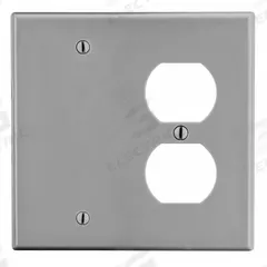 HUBBELL Wall Plate: Combo, 2 Gang, Gray, Std Size (MPN P138GY). Key specifications — Brand: HUBBELL; Material: Polycarbonate.