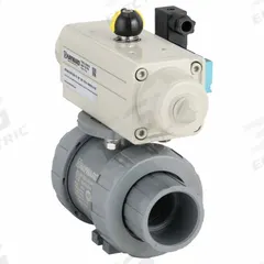HAYWARD FLOW CONTROL Pneumatically Actuated Two-Way Ball Valve: 1 1/2 in, CPVC, Air to Spring (MPN PSSTBH215STVA9). Key specifications — Brand: HAYWARD FLOW CONTROL; Connection Gender - Side 1: Female; Actuator Features: Position Indicator; Actuator Operation: Air to Spring; Actuator Series: PSS; Connection Gender - Side 2: Female; Connection Type - Side 1: True-Union Socket/True-Union NPT; Connection Type - Side 2: True-Union Socket/True-Union NPT.