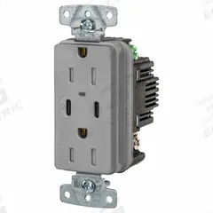 USB Receptacle: Duplex, 5-15R, 2 USB Ports, USB Type A/C, Gray, 125V AC, 15 A (MPN USB15CPDGY). Key specifications — Brand: HUBBELL.