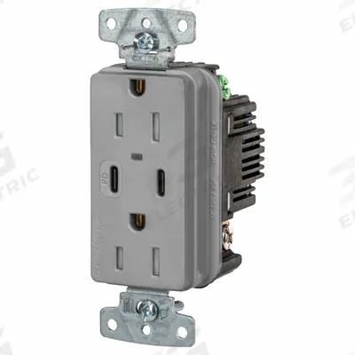HUBBELL Receptacle: Duplex, 5-15R, 2 USB Ports, USB Type A/C, Gray, 125V AC - Weather-Resistant Receptacles with USB Chargers