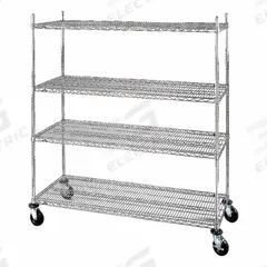 METRO Wire Shelving Unit: 48 in x 18 in x 69 in, Dry, Split Sleeve, 4 Shelves, Silver (MPN 4W653). Key specifications — attr15738: Silver; attr15739: (4) Posts; attr14157: Chrome; attr14150: Dry; attr14159: Round; attr5304: 4; attr14155: (2) Swivel with Brakes; attr14158: Steel.