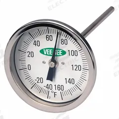 VEE GEE Soil Dial Thermometer: -40°F to 160°F, +/- 2°F, 12 in Stem Lg, Fahrenheit (MPN 82160-12). Key specifications — Accuracy: +/- 2°F; Thread Type: NPT; Housing Material: Stainless Steel; Brand: VEE GEE; Temperature Units: Fahrenheit.