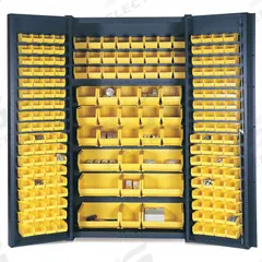 VALLEY CRAFT Bin and Shelf Cabinet: 48 in x 24 in 84 in, 0 Shelves, 163 Bins, Yellow, Deep Box, Gray (MPN F87969A1). Key specifications — Bin Color: Yellow; Bin HxWxD: (72) 3 in x 4-1/8 in x 7-1/2 in; Assembled: Assembled; Cabinet Style: Shelf and Bin; Brand: VALLEY CRAFT; Cabinet Color: Gray; Cabinet Finish: Powder Coated; Cabinet Material: Steel.