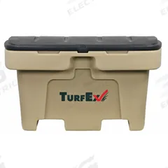 Storage Container: 27.8 in H, 12 cu ft, Brown, 33 1/2 in L x 48 in D x 28 in H, Lockable Lids (MPN 74057). Key specifications — Brand: TURFEX; Material: Plastic; Assembled: Assembled.