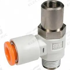 SMC Flow Control Valve: Elbow Fitting, Screwdriver Slot, 1/4 in/1/8 in Valve Body Size, 6 mm Tube (MPN AS2201F-01-06SD). Key specifications — attr947203: Brass/PBT; attr947205: SMC.