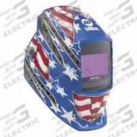 MILLER ELECTRIC Welding Helmet: Auto-Darkening, 4 Arc Sensors, Blue/Gray/Red/White, Patriotic, Nylon (MPN 296770). Key specifications — Color: Red; Suspension Adjustment Type: Ratchet; Series: Digital Elite; Graphics: Patriotic; Viewing Area: 9.2 sq in; Brand: MILLER ELECTRIC; Grind Mode: Yes; Helmet Material: Nylon.