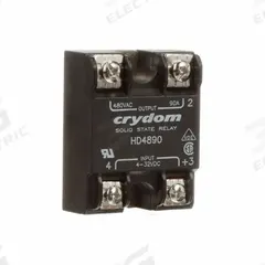 CRYDOM Solid State Relay: Surface Mounted, 90 A Max Output Current, SCR, AC Output (MPN HD4890). Key specifications — Brand: CRYDOM; Current Type: AC; Electrical Connection: Screw Clamp; Finger Safe: No; Input Current: 12 mA; Maximum Output Current without Heat Sink: Not Recommended; Mounting Style: Panel; Output Voltage: 48 to 530V AC.