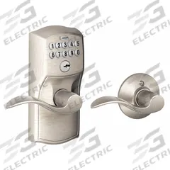 SCHLAGE RESIDENTIAL Electronic Keyless Lock: Keypad, Nickel (MPN FE575 CAM619ACC). Key specifications — Product Type: Electronic Keyless Lock; Manufacturer Part Number: FE575 CAM619ACC; Access Method: Keypad; Key Override Options: 5 Pin Tumbler C Keyway.