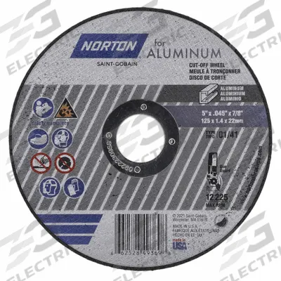 NORTON Cut-Off Wheel: Type 1, 5" x 0.045" x 7/8", Aluminum Oxide, 36 Grit - General Purpose Cut-Off Wheels for Soft Metals