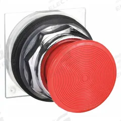 SCHNEIDER Mushroom Head Push Button: Red, 30 mm Mounting Size, Metallic, Momentary (MPN 9001KR24R). Key specifications — Brand: SCHNEIDER; Action: Momentary; Series: 9001K; Push Button Material Type: Metallic.