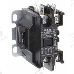 EATON Definite Purpose Magnetic Contactor: 1 + N Poles, 24V AC, 25 A, Non-Reversing (MPN C25CNB125T). Key specifications — Brand: EATON; Coil Voltage: 24V AC; Contactor Style: HVACR Definite Purpose Contactor; Frame Size: C; Terminal Connection Type: Quick-Disconnect Terminals; Maximum Voltage Rating: 690V AC; Series: C25 Series; Phase: Single.