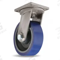 HAMILTON Plate Caster: Swivel, Face Brake, Polyurethane, 12 in Wheel Dia, 4 in Wheel Wd, Hole, Brake (MPN S-MD-124SYT-4SL-HCB). Key specifications — Wheel Bearing Type: Roller; Wheel/Tread Color: Blue; Brand: HAMILTON; Caster Type: Swivel with Brake.