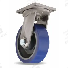 HAMILTON Plate Caster: Swivel, Face Brake, Polyurethane, 12 in Wheel Dia, 4 in Wheel Wd, Hole, Brake (MPN S-MD-124SYT-4SL-HCB). Key specifications — Wheel Bearing Type: Roller; Wheel/Tread Color: Blue; Brand: HAMILTON; Caster Type: Swivel with Brake.