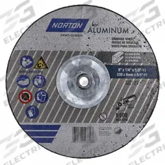 NORTON Depressed Center Wheel: Type 27, 9" x 1/4" x 5/8", Aluminum Oxide, 20 Grit (MPN 66252849379). Key specifications — Series: Norton for Aluminum; Brand: NORTON.
