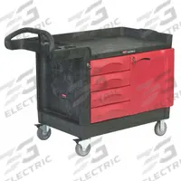 RUBBERMAID COMMERCIAL PRODUCTS Mobile Cabinet Workbench: 49 in x 26 1/4 in, Plastic, Black, Plastic (MPN FG453388BLA). Key specifications — Included Components: Handle on Side; Assembly: Partially Assembled; Brand: RUBBERMAID COMMERCIAL PRODUCTS.