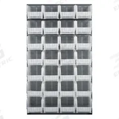 QUANTUM STORAGE SYSTEMS Louvered Panel: 61 in x 36 in x 1 in, 1 Sides, 28 Bins, Gray (MPN QLP-3661-240-28CL). Key specifications — Bin Style: Hang and Stack; Color: Gray; Bin Color: Clear; Finish: Powder Coated; Brand: QUANTUM STORAGE SYSTEMS.