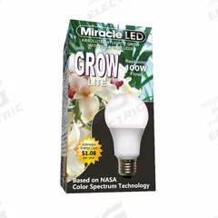 LED Grow Bulb: LED, A19, 120V, Blue/Full/Broad/Red, 100 W Incandescent Watt Equivalency (MPN 601832). Key specifications — Plant Growth Application: Vegetative Growth; Brand: MIRACLE LED; Bulb Shape: A19; Spectrum: Full/Broad.