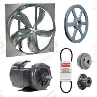 Exhaust Fan with Drive Package: Belt Drive, 24 in Blade, 1/3 hp, 6,039 cfm, 230/460V AC, 3 ph (MPN 7M7W9). Key specifications — Frame Finish: Zinc Plated; Assembled: Unassembled; Brand: DAYTON; Nameplate Voltage: 230/460V AC; Frame Material: Steel; Guard Type: None; Motor Type: 3-Phase; Motor Insulation: Class B.