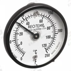 REOTEMP Magnetic Dial Thermometer: 0°F to 250°F /-20°C to 120°C, +/- 2% Full Scale Accuracy (MPN SUR25V2). Key specifications — Accuracy: +/- 2% Full Scale; Brand: REOTEMP.
