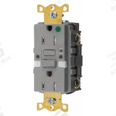 HUBBELL GFCI Receptacle: Hospital Grade, Duplex, 5-15R, Gray, GFCI, 125V AC, 15 A, 2 Pole / 3 Wire (MPN GFTRST82GYNL)