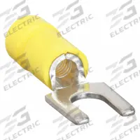 PANDUIT Fork Terminals: Yellow, Vinyl, #8 Stud Size, 14 AWG – 10 AWG Wire Range, Std Fork, 600 V (MPN PV10-8F-L). Key specifications — Barrel Style: Funnel Entry; Manufacturer Part Number: PV10-8F-L; Brand: PANDUIT; Series: CT.