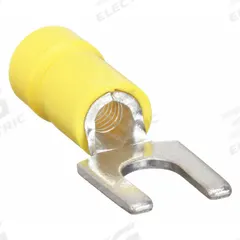 PANDUIT Fork Terminals: Yellow, Vinyl, #8 Stud Size, 14 AWG – 10 AWG Wire Range, Std Fork, 600 V (MPN PV10-8F-L). Key specifications — Barrel Style: Funnel Entry; Manufacturer Part Number: PV10-8F-L; Brand: PANDUIT; Series: CT.