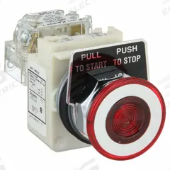 SCHNEIDER Mushroom Head Push Button: Illuminated, Mushroom Head Profile, Non-Metallic, 30 mm, SPDT (MPN 9001KR9P35LRRH13). Key specifications — Brand: SCHNEIDER; Action: Maintained; Series: 9001K; Push Button Material Type: Non-Metallic.