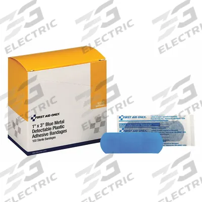 FIRST AID ONLY Adhesive Bandage: Strip Bandages, 1 in Wd, 3 in Lg, Metal Detectable, Plastic - Metal Detectable Strip Bandages