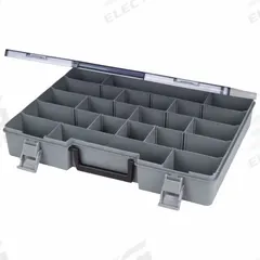 FLAMBEAU Compartment Box: 2 1/2 in x 11 3/4 in x 15 1/2 in, Gray, 24 Compartments, 15 Adj Dividers (MPN 6770AH). Key specifications — ESD Conductive: Not Electrostatic Discharge Conductive; Color: Gray; Compartment WxD: 15-1/2 in x 11-3/4 in x 2-1/2 in; Brand: FLAMBEAU; Material: Plastic.